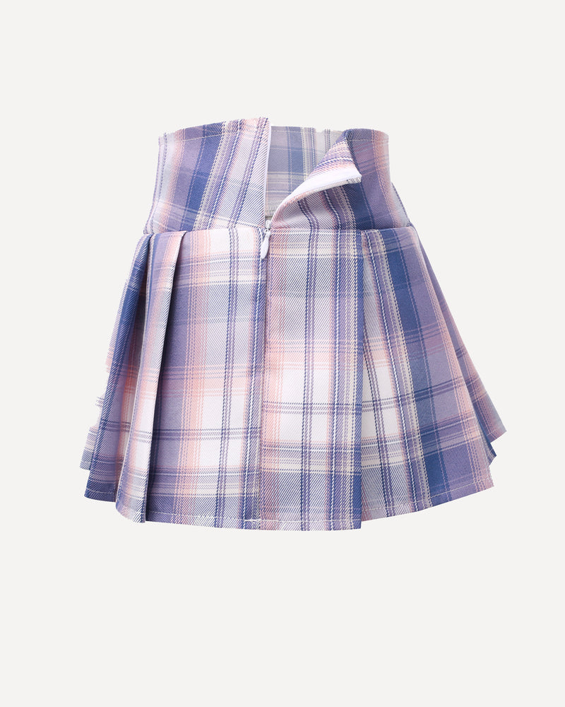 Mini blue plaid skirt with box pleats and elastic waistband, front view