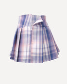 Mini blue plaid skirt with box pleats and elastic waistband, front view