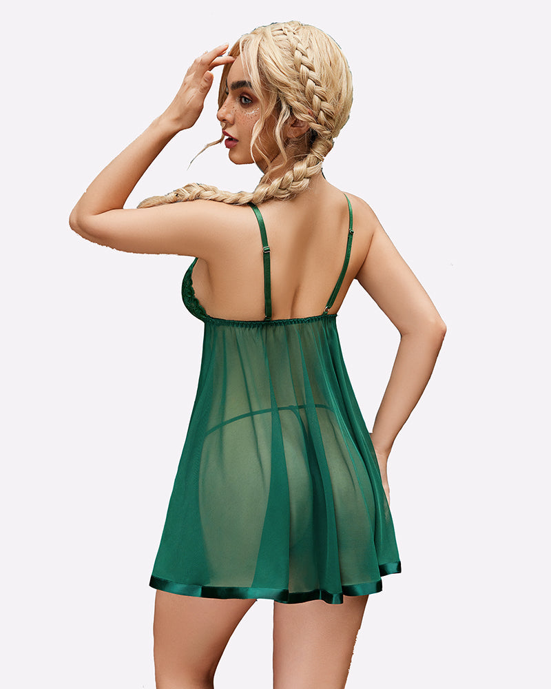 Lace-trim mesh babydoll lingerie, green sheer back view with lace-trim straps