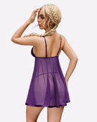 Floral lace babydoll chemise with mesh skirt, purple, open back with adjustable straps