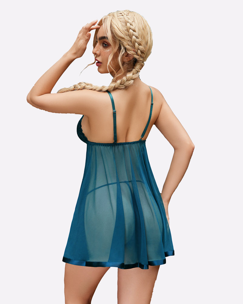 Floral lace babydoll chemise with mesh skirt, teal, open back with adjustable straps