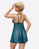 Floral lace babydoll chemise with mesh skirt, teal, open back with adjustable straps
