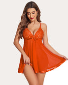 Floral lace babydoll mesh lingerie in orange with lace bust and satin ribbon bow