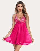Fuchsia floral lace babydoll mesh lingerie with bow-front bodice and flared skirt