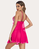 Fuchsia babydoll lingerie with lace back panel and sheer pleated skirt