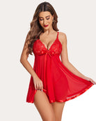 Lace-trim mesh babydoll lingerie, red short slip with bowed lace cups