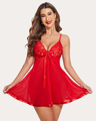 Red lace babydoll with bow front and sheer flared skirt, lace underwire cups