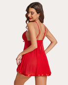 Back view of red lace babydoll with thin straps and sheer flared skirt