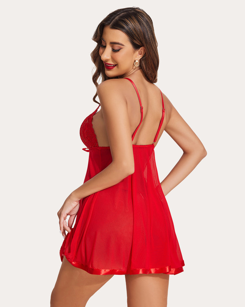 Back view of red lace babydoll with thin straps and sheer flared skirt
