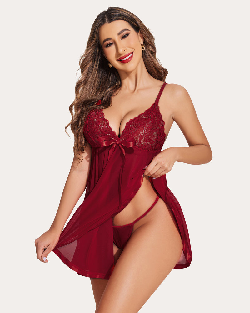 Wine red strap lace babydoll mesh dress with bow, V-neck and scalloped lace hem