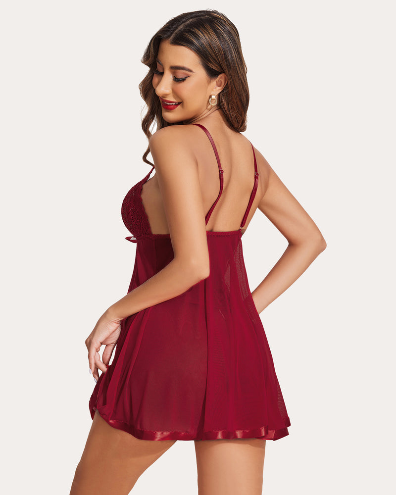 Wine red strap lace babydoll mesh dress, low back with lace trim and flowy skirt