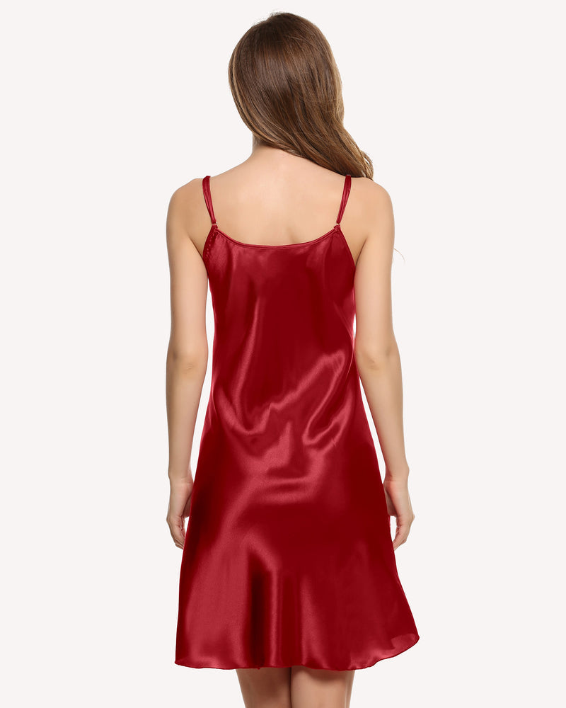 Red satin slip dress, open back with thin straps