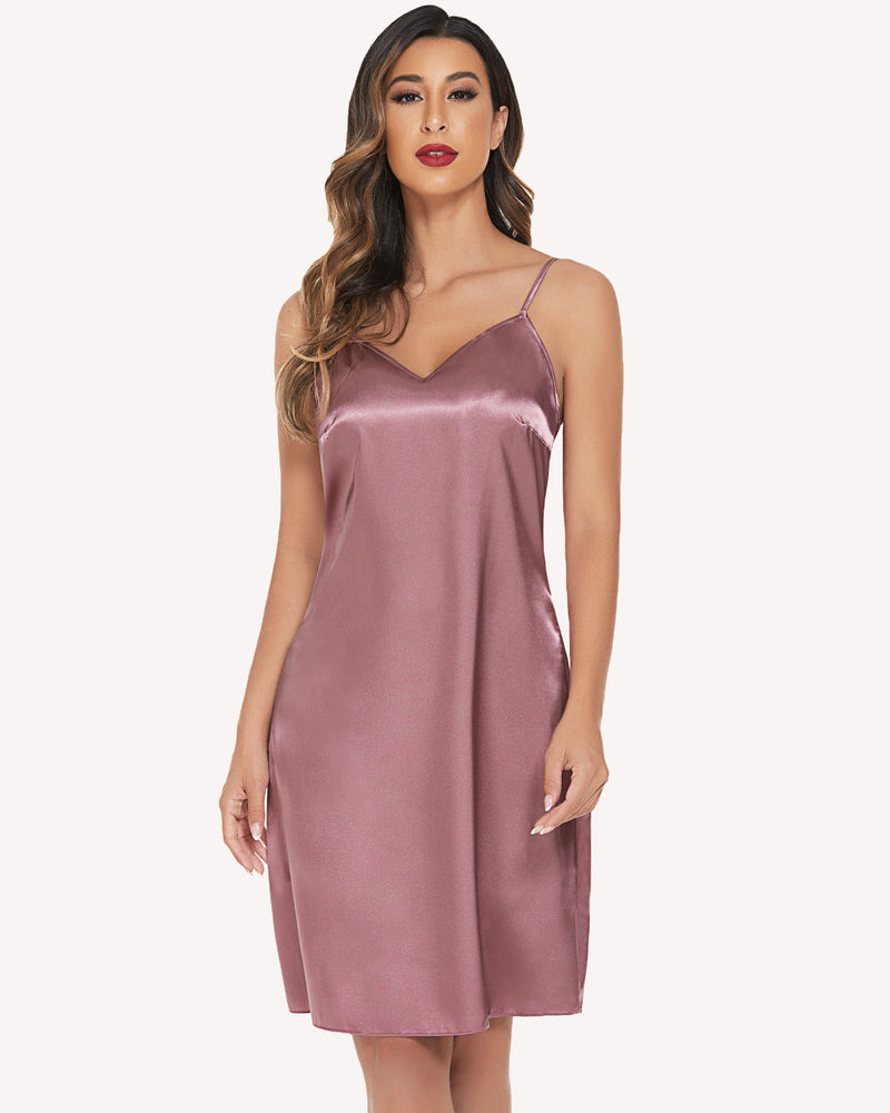 Lilac satin slip dress with V-neck and spaghetti straps