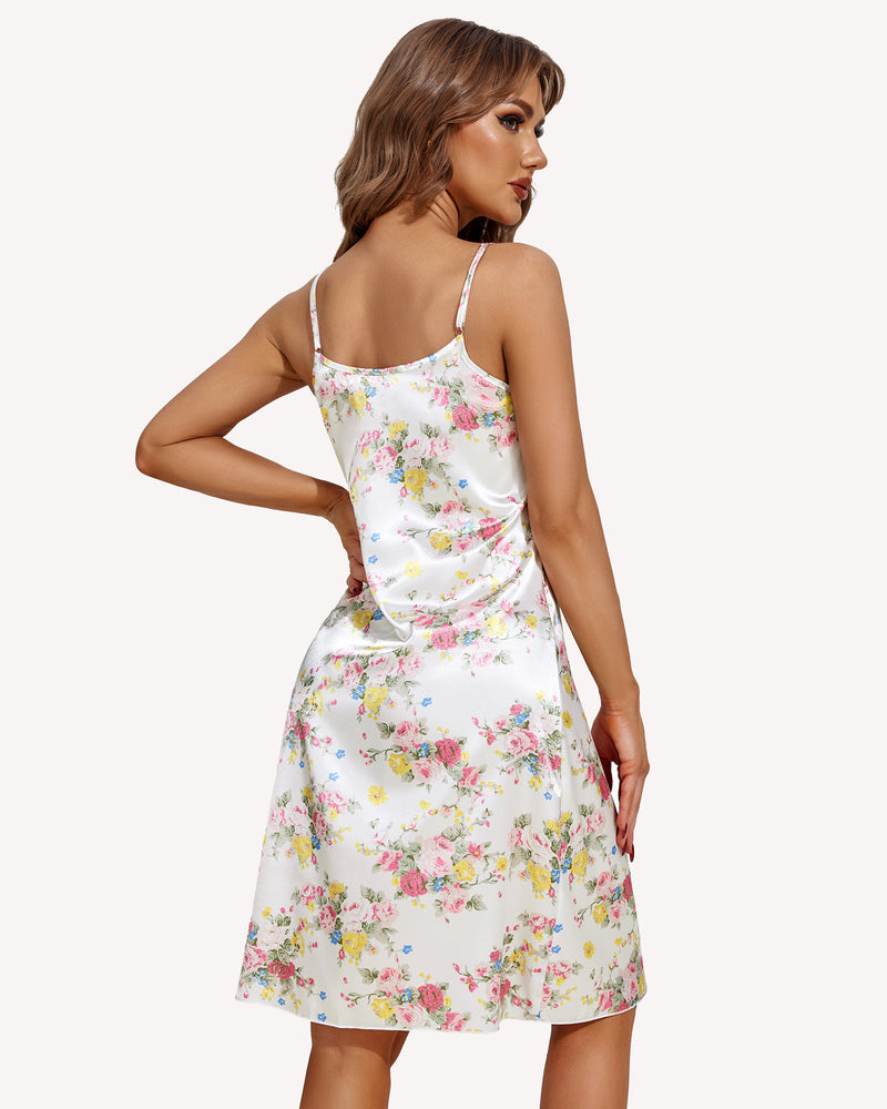 Floral satin slip dress with thin spaghetti straps, open back, knee-length