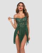 Dark green lace babydoll sleep dress with thin straps, lace bodice, and chiffon side ties