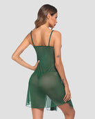 Dark green lace babydoll sleep dress back view with thin straps and sheer hem overlay