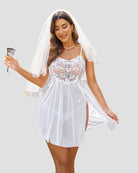 White lace babydoll dress with short veil sleeves and flowy sheer skirt