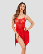 Red lace babydoll dress with thin straps, corset-style lace top, and sheer skirt