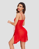 Red lace babydoll dress with thin straps and sheer flared skirt