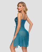 Blue-green lace babydoll dress with spaghetti straps and open-back mesh