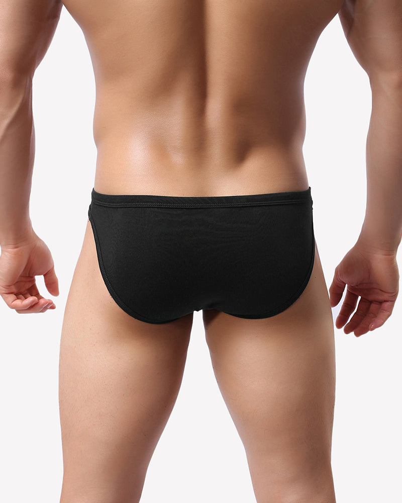 Men's low-rise hip brief, black microfiber underwear on model