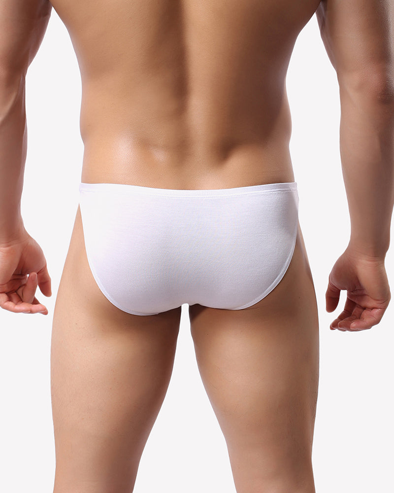 White low-rise microfiber hip briefs worn by model, front view