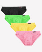 Men's low-rise hip briefs set with black, green, yellow, and pink briefs