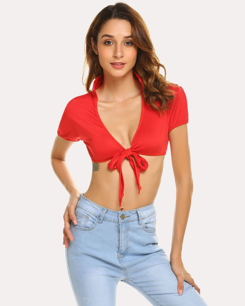 Red tie-front crop top with V-neck and knotted bow at center front, short sleeves