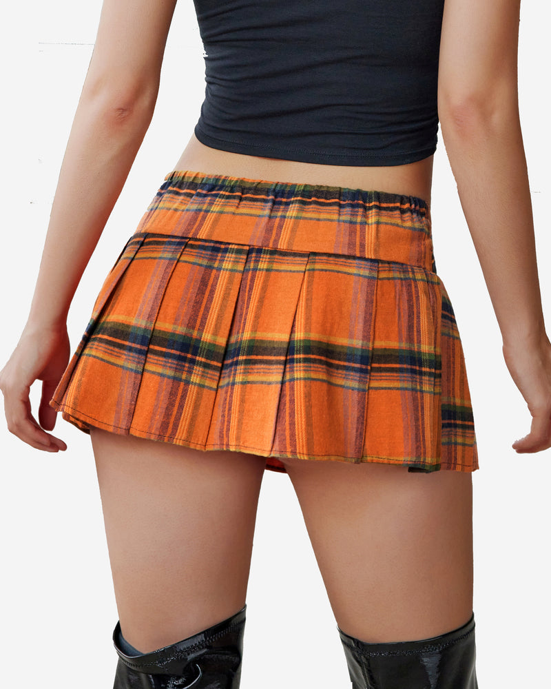Orange plaid mini pleated skirt with elastic waistband