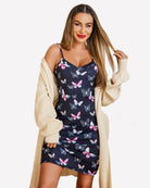 Butterfly print chemise dress, dark base with pink/white butterflies, V-neck straps
