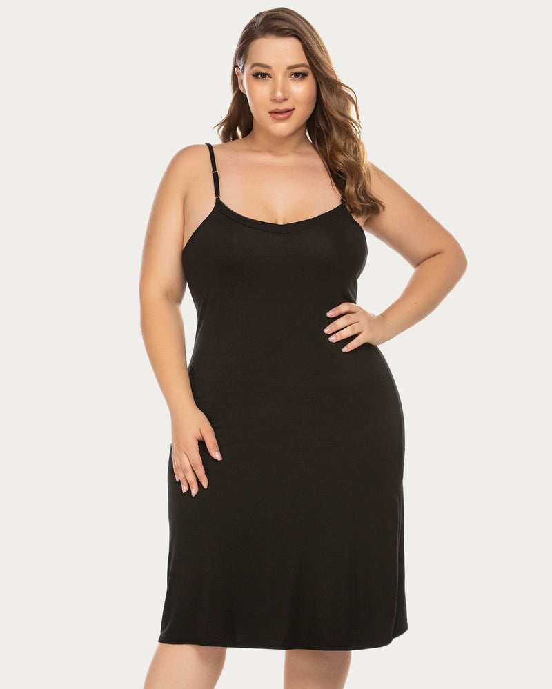 Black V-neck nightgown slip dress with spaghetti straps, fitted mid-calf length