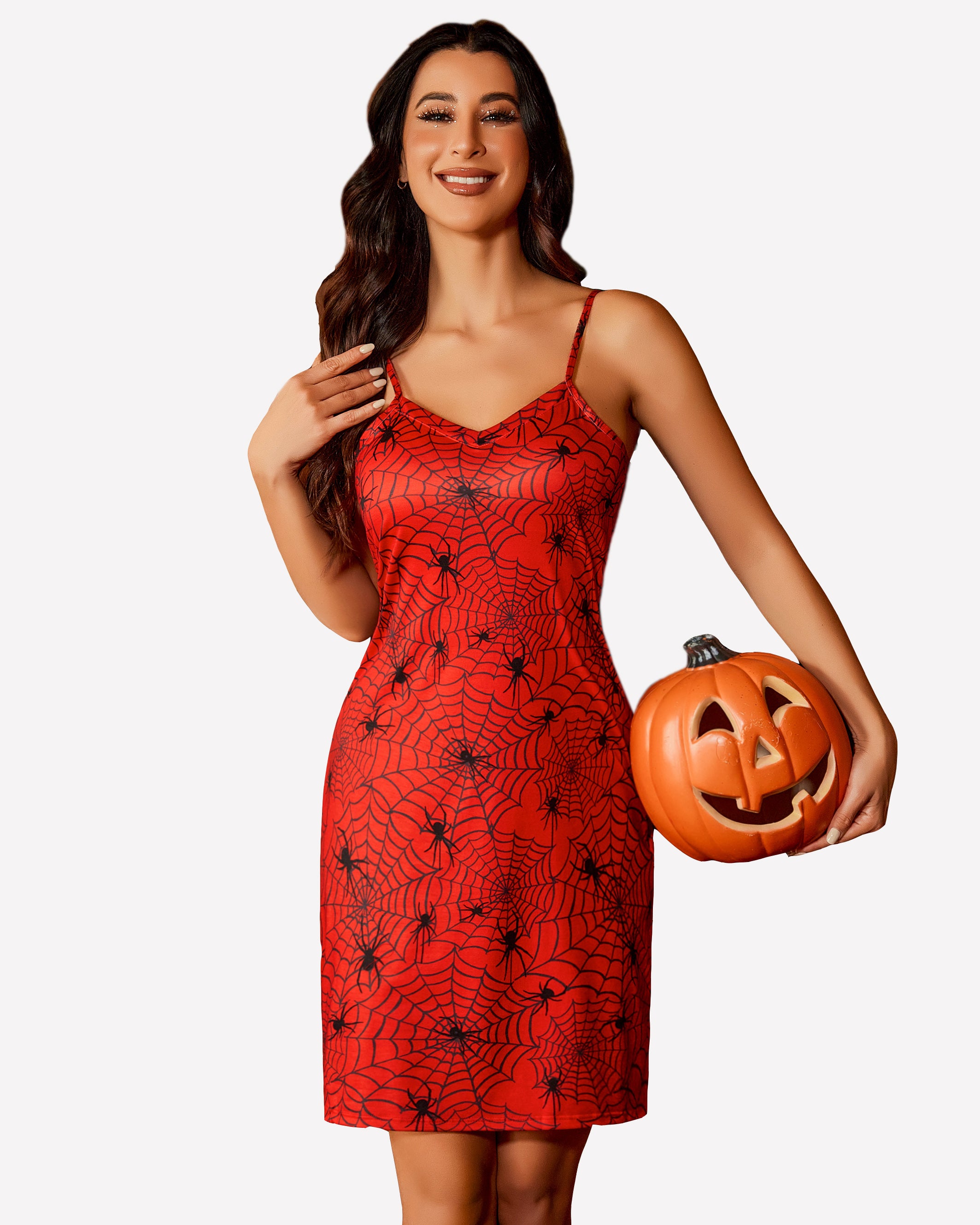 Spiderweb print chemise dress, red with black spiderweb pattern, spaghetti straps