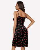 Black cherry-print slip nightgown with open back, thin straps, short length