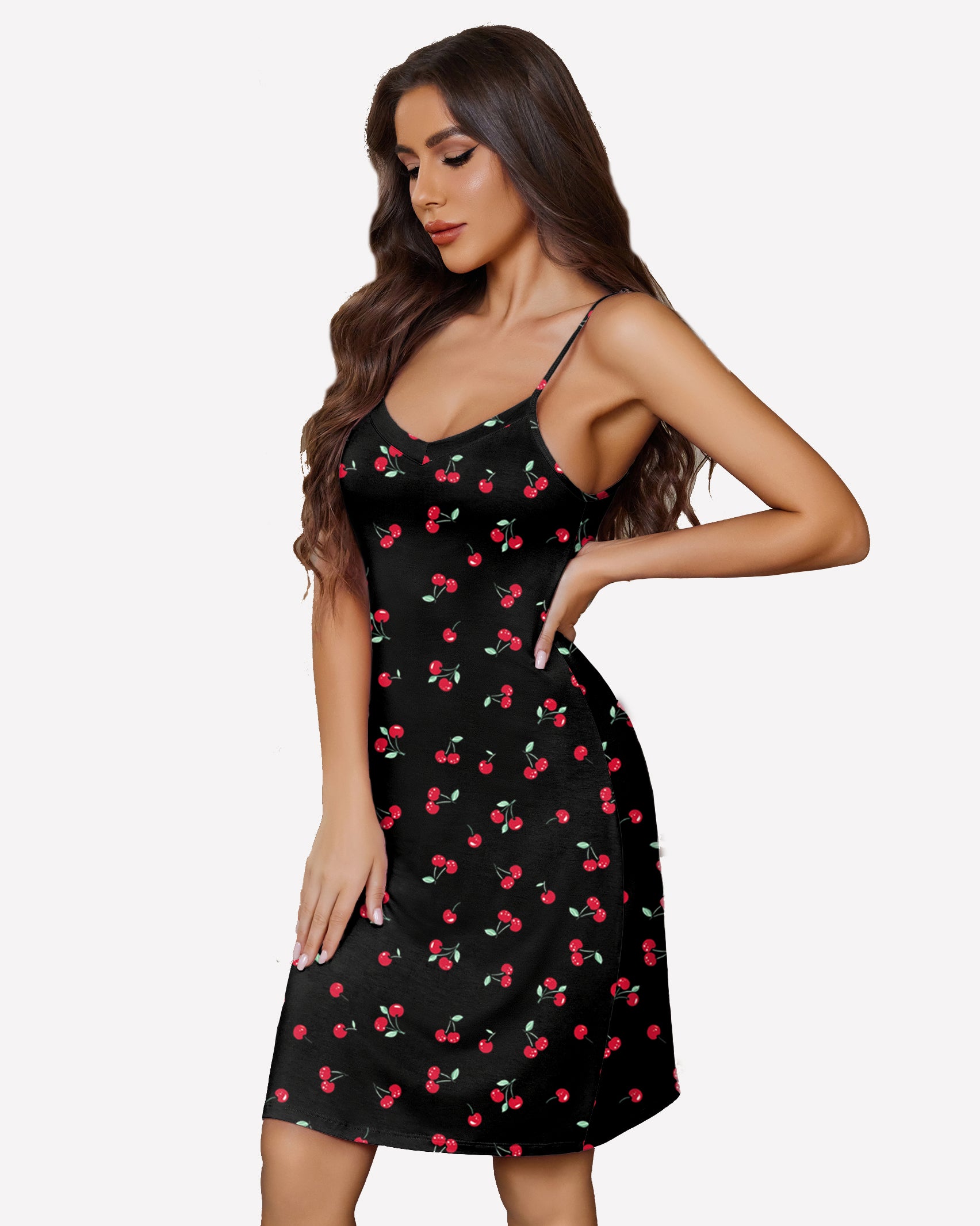 Black slip nightgown with red cherry print, V-neck, thin straps, short length