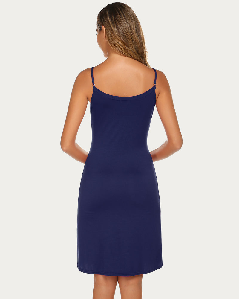 Plus size chemise nightgown, navy blue, thin straps, open back, midi slip
