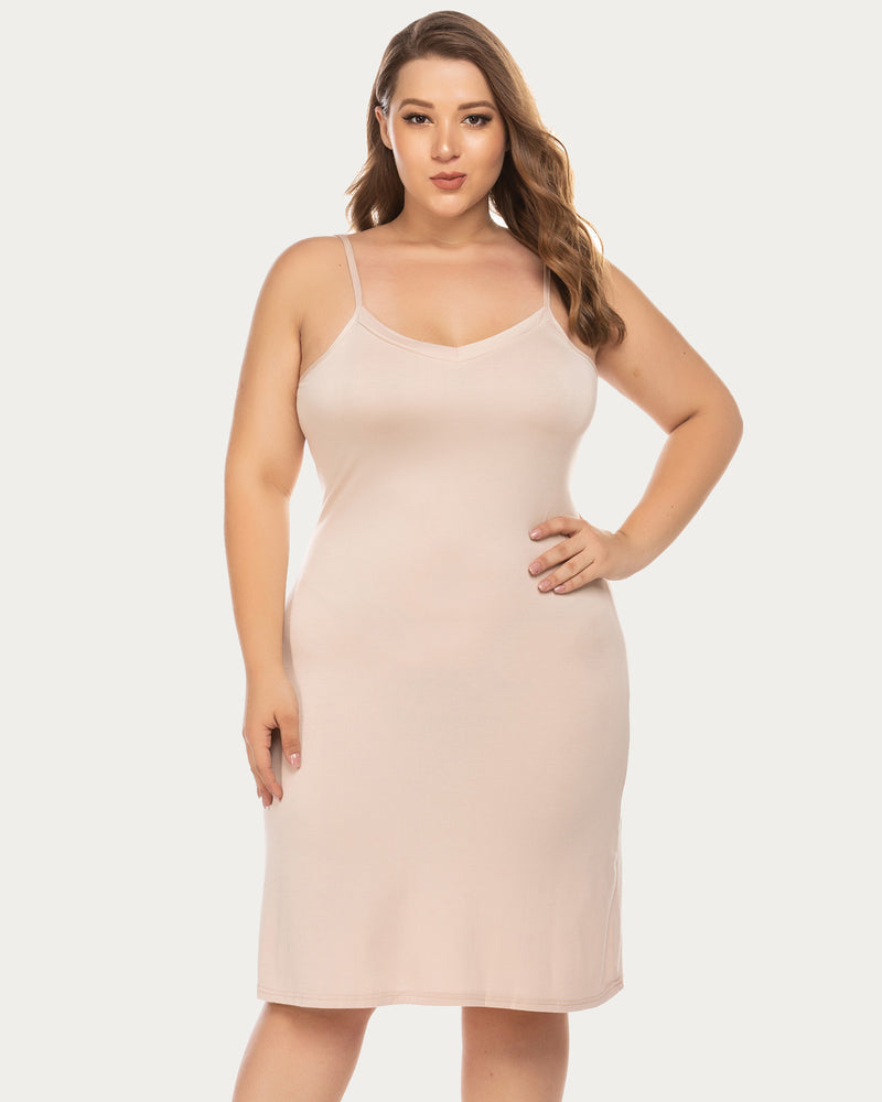 Plus size chemise nightgown in light nude, spaghetti straps, scoop neckline, midi slip