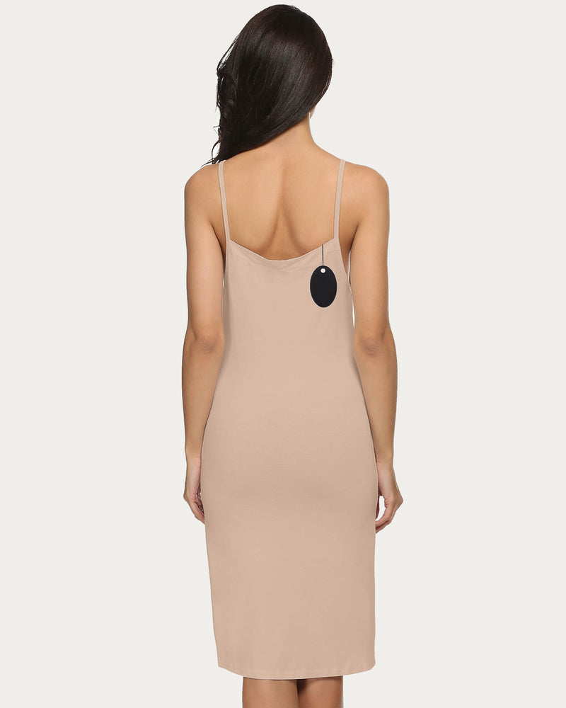 Beige V-neck nightgown slip dress with thin straps, back view