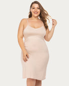 Beige V-neck nightgown slip dress with spaghetti straps, fitted mid-calf length