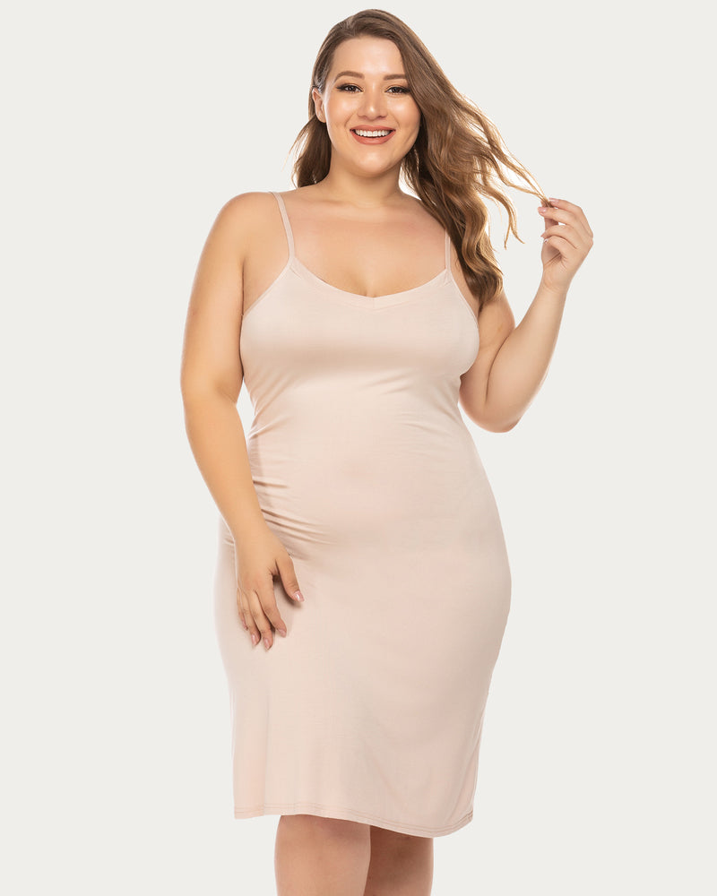 Plus size chemise nightgown in light nude, spaghetti straps, scoop neck, fitted midi slip