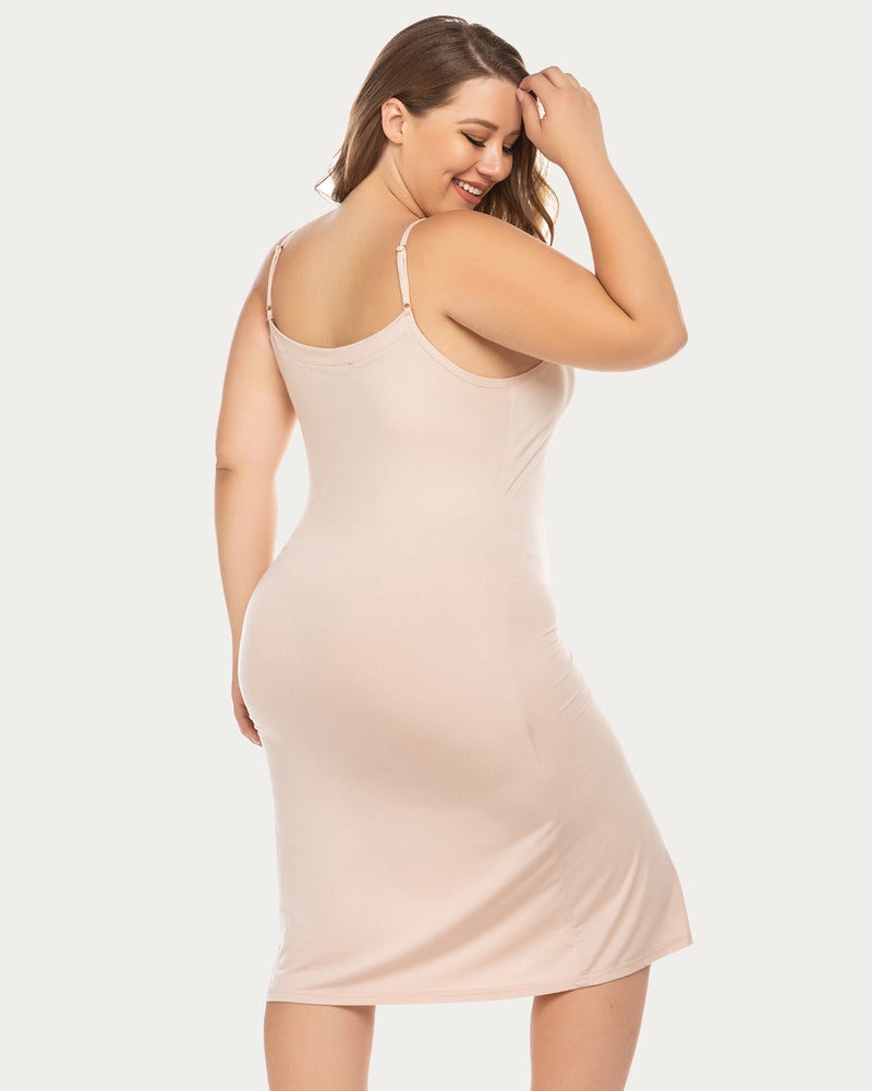 Beige V-neck nightgown slip dress with thin straps, side view