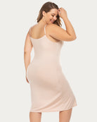 Plus size chemise nightgown in light nude, open back, spaghetti straps, midi slip
