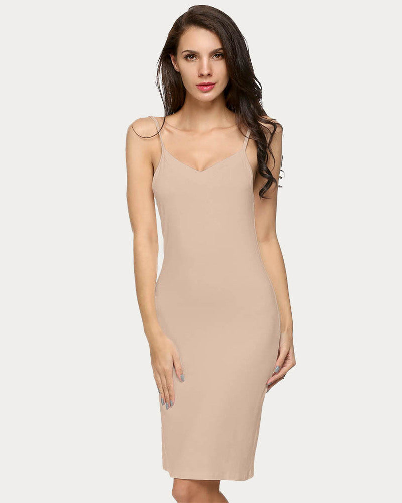 Beige plus size full slip chemise nightgown with thin straps and V-neck, midi length