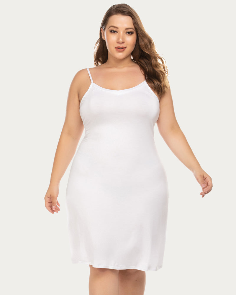 Plus size chemise nightgown in white, spaghetti straps, scoop neckline, fitted midi slip