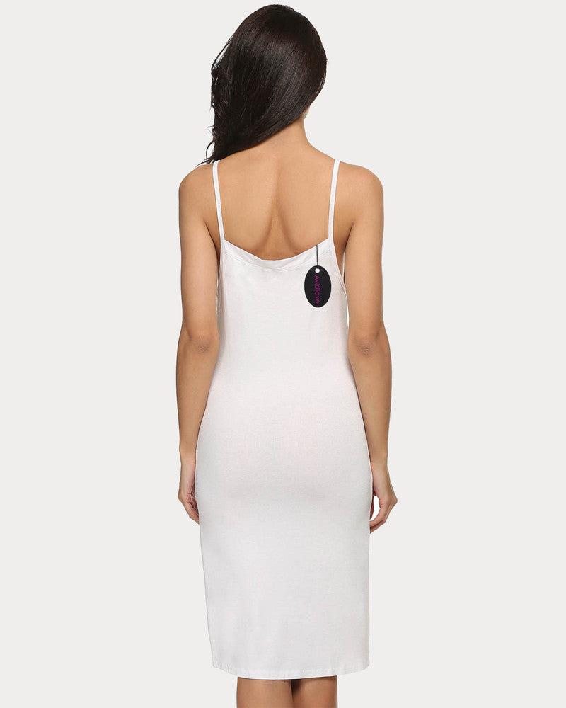White slip nightgown dress with thin straps and scoop back neckline