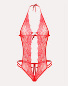 Red lace deep V teddy bodysuit with halter tie straps and open back design
