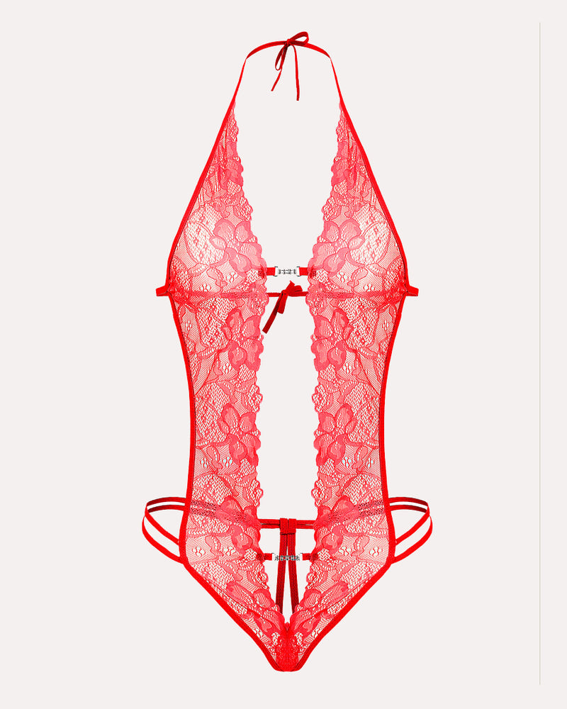 Red lace deep V teddy bodysuit with halter tie straps and open back design