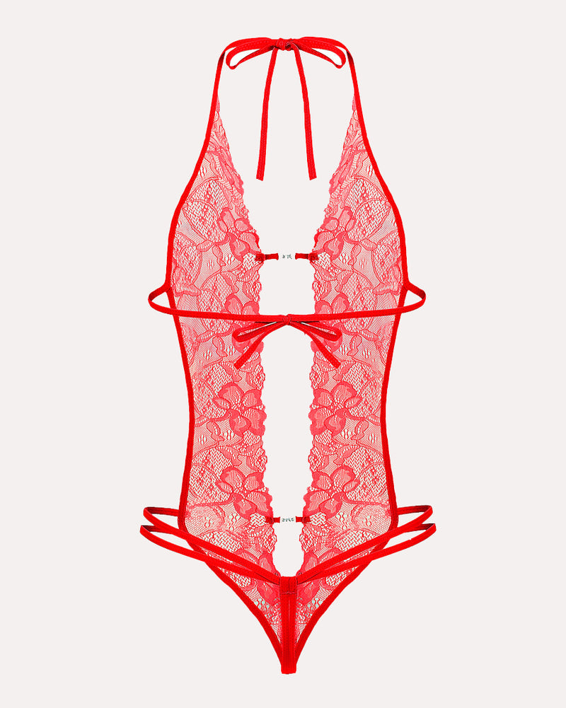 Red lace deep V bodysuit teddy with halter ties, bow at neckline, and cutout details