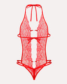 Red lace deep V bodysuit teddy with halter ties, bow at neckline, and cutout details