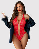 Red lace deep V bodysuit teddy with halter straps and sheer center panel
