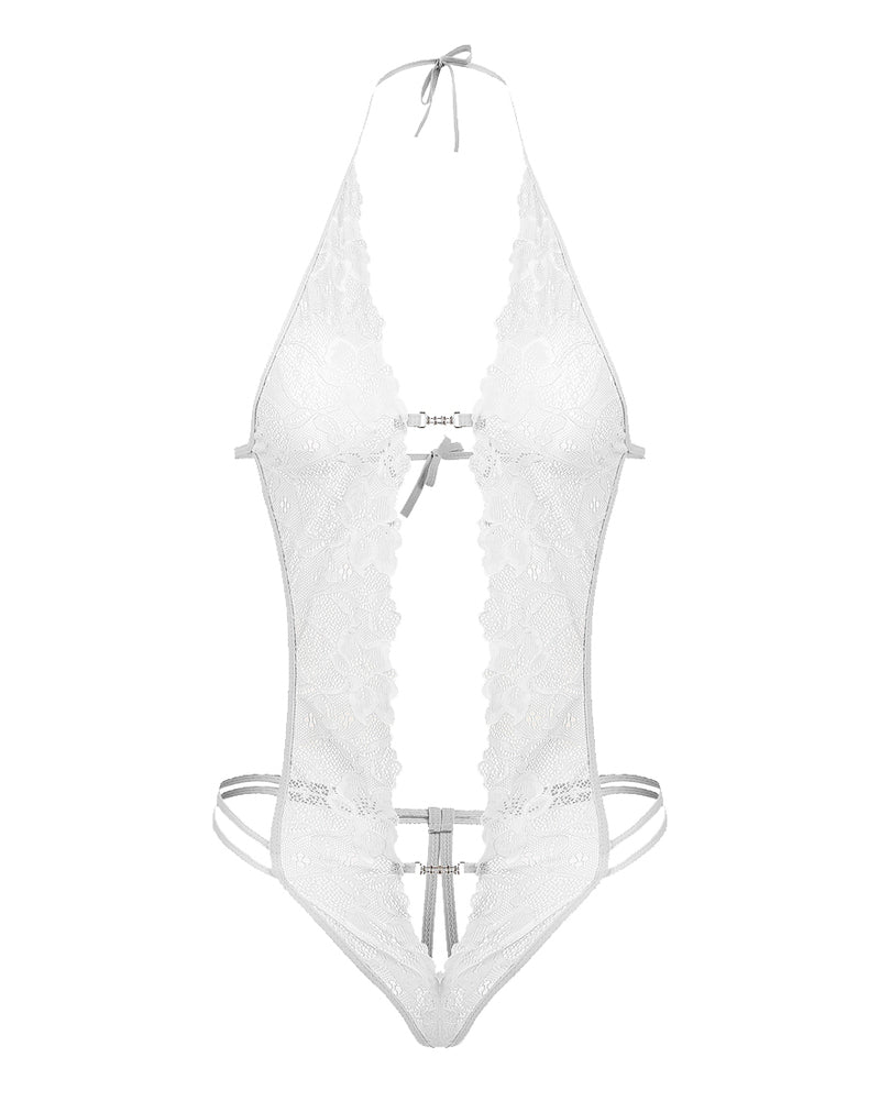 White lace deep V teddy bodysuit with halter tie straps and open back